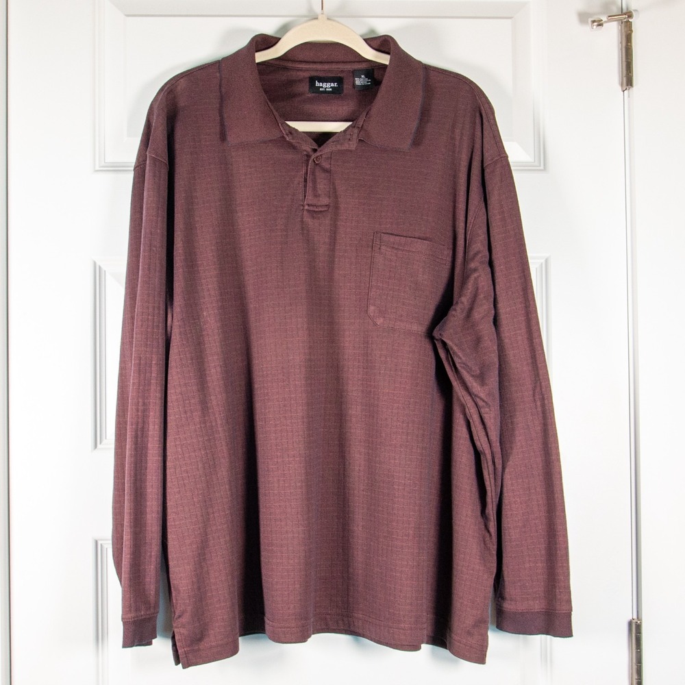 Haggar Men's Sz XL Maroon Textured Polo Shirt Long Sleeve Cotton Blend